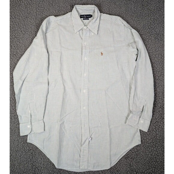 Ralph Lauren Dress Shirt Mens 15.5 Button Down Green Classic Pinstripe Pony Logo - Picture 1 of 11
